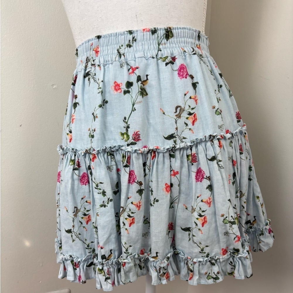Hill House 100% Linen Pond Floral The Paz Tiered Ruffle Mini Skirt SZ Small - Picture 6 of 11
